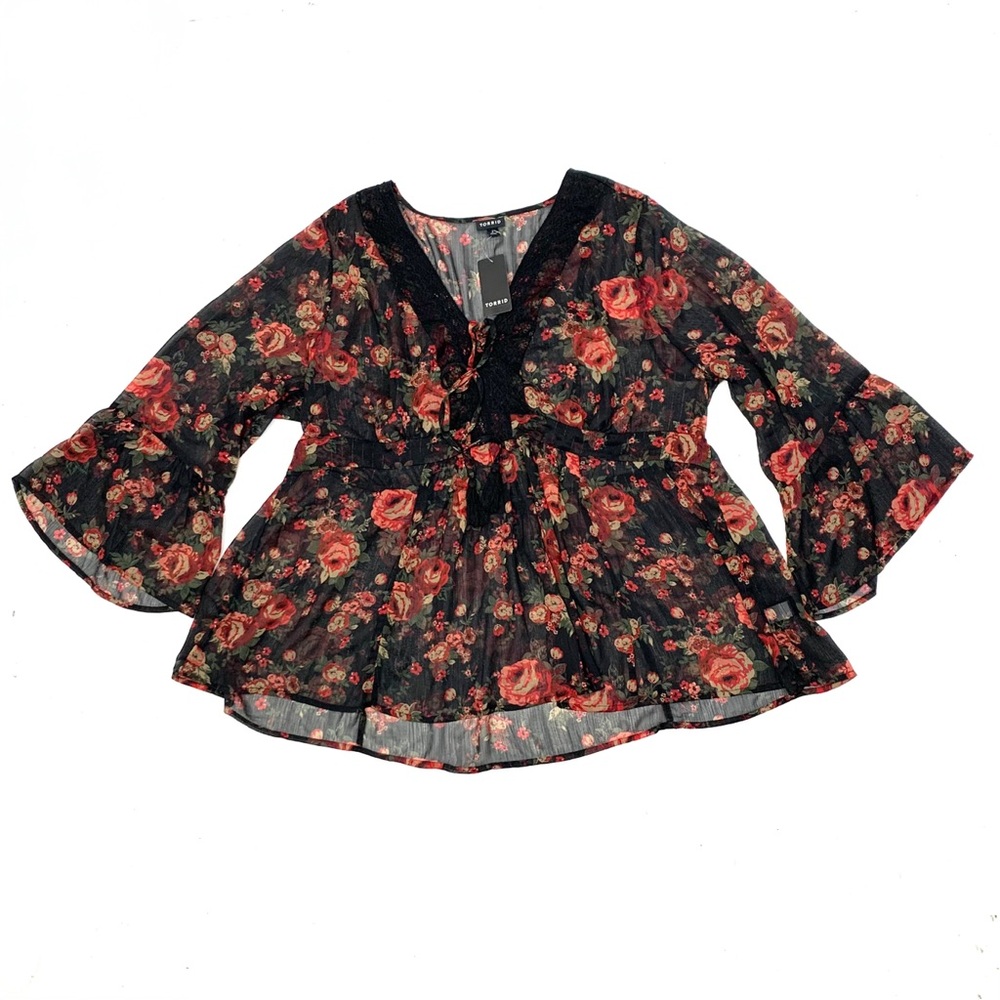 Torrid Women Plus Size 2X Sheer Babydoll Top Whimsigoth Lace Floral Tassels Boho